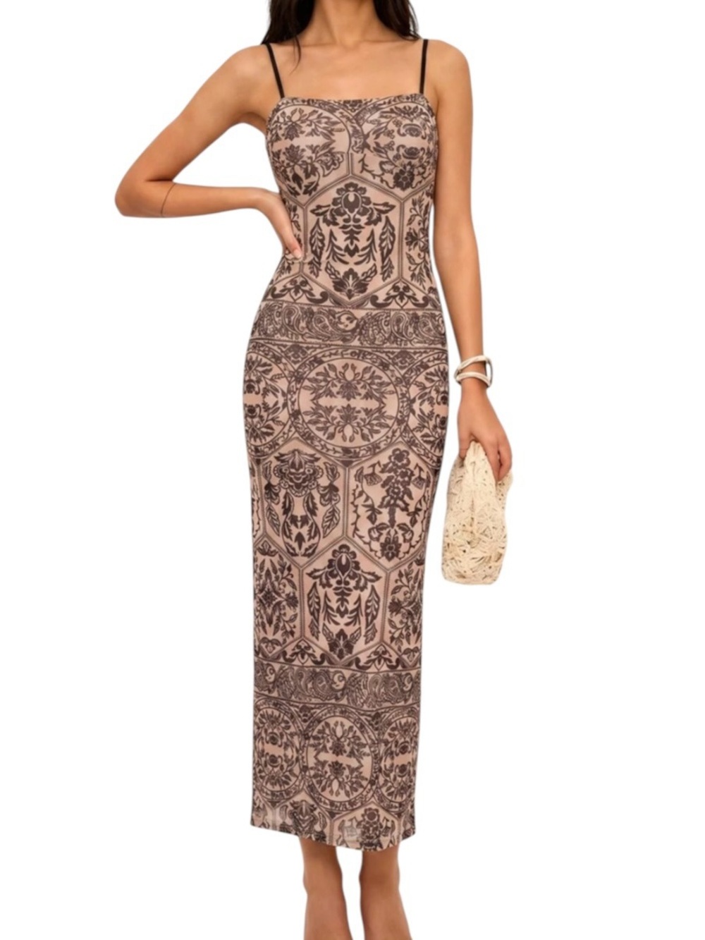 Commense Beige Black Printed Cami Bodycon Maxi Dress XS NWT